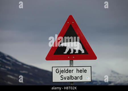 Orso polare in segno di avvertimento, Longyearbyen, Spitsbergen / Svalbard Foto Stock