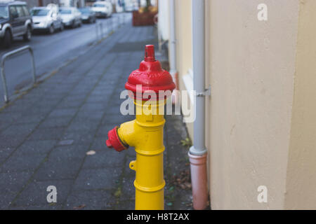 Giallo e rosso fuoco idrante sulla strada di Reykjavik. Foto Stock