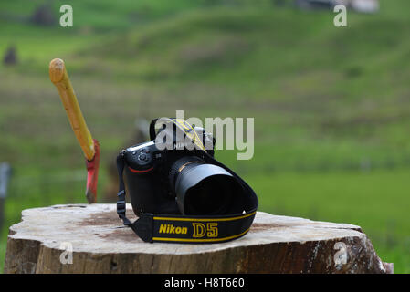 BRASOV, Romania - 24 Maggio 2016: Nikon D5 DSLR in appoggio tra le prove su un registro, test di ripresa fotografica e video timelapse. Foto Stock