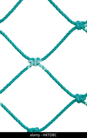 Soccer Football Obiettivo Post Set Net dettaglio corda, nuovo verde Goalnet Netting corde nodi Pattern, Macro verticale Closeup, isolato Foto Stock