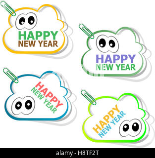 Felice anno nuovo adesivi. concetto creativo sfondo per il Web e applicazioni mobili, modello di progettazione, vacanze Una infografica, pagina Foto Stock
