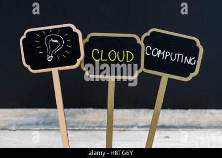 Messaggio il concetto di cloud computing e lampadina della luce come simbolo per idea scritto con un gessetto su legno mini etichette di Blackboard Foto Stock