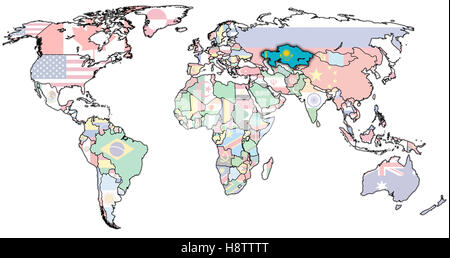 Vecchia mappa politica del mondo con la bandiera del Kazakistan Foto Stock