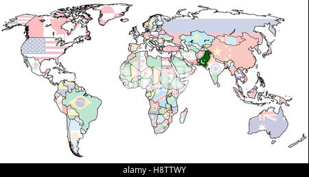 Vecchia mappa politica del mondo con la bandiera del Pakistan Foto Stock