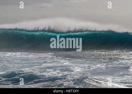 Back lit oceano onde che si infrangono sulla North Shore di Oahu a Banzai Pipeline aka Ehukai beach park in Hale'IWA Hi Foto Stock