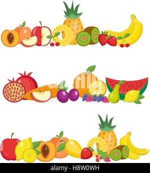 Frutti banner set. e bacche poster orizzontale. modello di raccolta per il menu del ristorante, il cibo vegetariano, dieta . Illustratio vettore Illustrazione Vettoriale