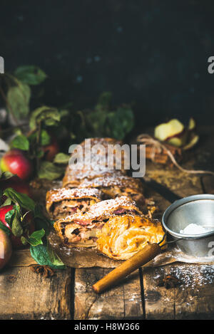 Strudel di mele torta tagliata in pezzi con fresche Mele rosse Foto Stock