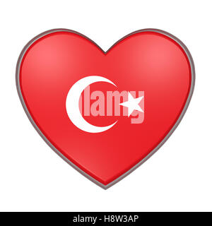 3D rendering di una bandiera della Turchia sul cuore. Sfondo bianco Foto Stock