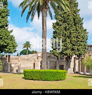 Il giardino circondato dalle rovine della Casa del Fauno a Pompei, Italia. Foto Stock