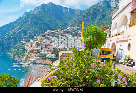 La pendenza con vecchie ville colorate di Positano e la comoda spiaggia di sabbia sono visto dietro il luminoso fiore arbusto, Positano Foto Stock