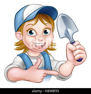 Un cartoon giardiniere tenendo un utensile da giardinaggio e puntamento Foto Stock