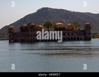 Jal Mahal Palace nell'uomo Sagar Lago Jaipur India. Impalcature di bambù sulle numerose cupole dorate per la riparazione. le acque non frizzanti Foto Stock