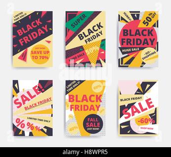 Design luminoso Venerdì nero vendita sito web modello di pagina di intestazione set. Luminose colorate per il vettore di social media, poster, e-mail, stampa, annunci Illustrazione Vettoriale
