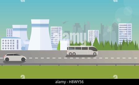 Touristic bus bianco e di guida auto nei pressi di città futuristica. Illustrazione Vettoriale