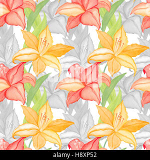 Lilly natura fiori e foglie acquerello seamless sfondo pattern Foto Stock