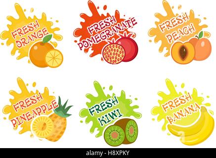 Frutti splash set di etichette. Gli spruzzi di frutta, gocce emblema e blot raccolta. Illustrazione Vettoriale Illustrazione Vettoriale