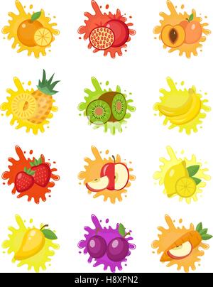 Frutti splash set di etichette. Gli spruzzi di frutta, gocce emblema. Illustrazione Vettoriale