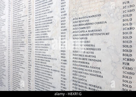Nomi dei militari portoghesi caduti in Africa guerra coloniale (1961-1974). Monumento aos Combatentes do Ultramar. Foto Stock