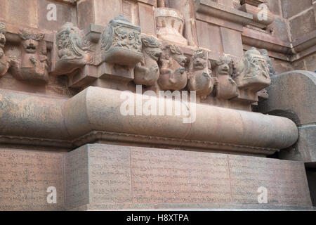 Iscrizioni in eleganti Chola Grantha e Tamil lettere sul lato settentrionale della base, il tempio di Brihadisvara, Tanjore, Tamil Nadu, India. Foto Stock