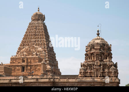 Shikharas o Vimana, santuario di Amman e il tempio di Brihadisvara , Tanjore, Tamil Nadu, India. Foto Stock