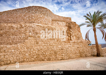 Old stone wall is situated along the road near the palm tree against blue sky Foto Stock