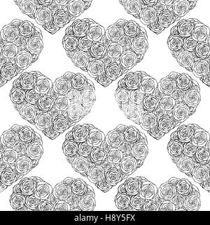 Disegnata a mano doodle seamless pattern, cuori fatta di rose su sfondo bianco Illustrazione Vettoriale