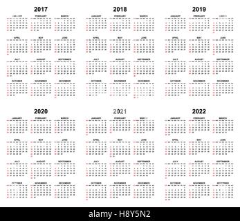 Semplice vettore modificabili i calendari per l'anno 2017 2018 2019 2020 2021 2022 domenica in rosso prima Illustrazione Vettoriale