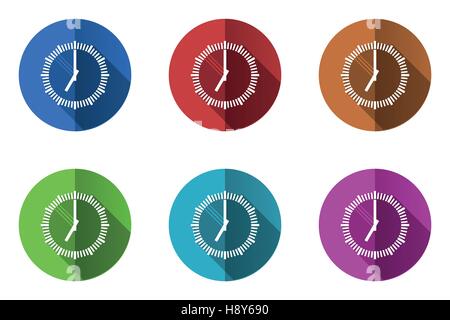 Orologio icone vettoriali. Design piatto round set di pulsanti web. Illustrazione Vettoriale
