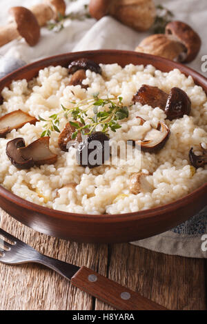 Tradizionale risotto italiano selvaggio con funghi porcini chiudere in su in un piatto sulla tavola verticale. Foto Stock