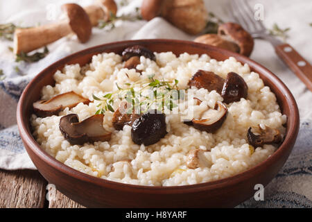 Italian risotto con funghi selvatici da vicino in un piatto sul tavolo orizzontale. Foto Stock