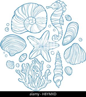 Disegnato a mano disegno monocromatico di shell, cavalluccio, stelle marine, corallo e gli altri Sea life in cerchio. Illustrazione Vettoriale