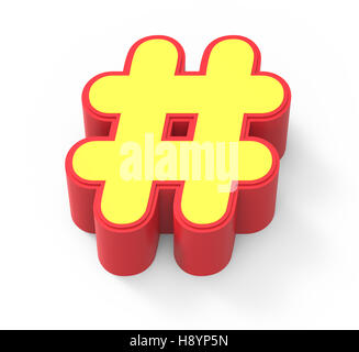 Rosso Giallo incorniciato hashtag mark, rendering 3D graphic isolati su sfondo bianco, vista dall'alto Foto Stock