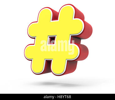 Inclinazione destra rosso giallo incorniciato hashtag mark, rendering 3D graphic isolati su sfondo bianco Foto Stock