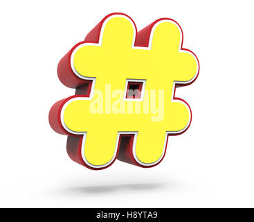 Inclinazione sinistra rosso giallo incorniciato hashtag mark, rendering 3D graphic isolati su sfondo bianco Foto Stock