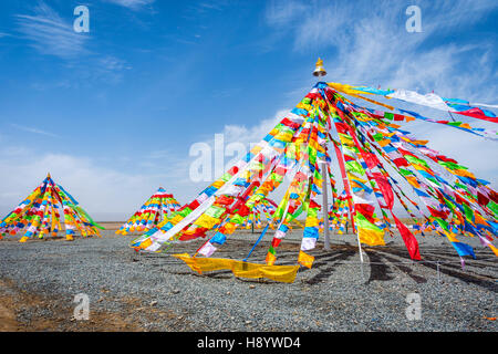 Colorate buddista tibetana pregando bandiere nel vento accanto a Chaqia Salt Lake, Qinghai, Cina Foto Stock