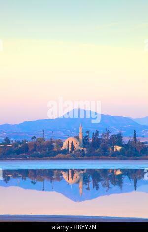 Hala Sultan Tekke moschea, Larnaka Salt Lake, Larnaka, Cipro, Mediterraneo orientale Mare Foto Stock