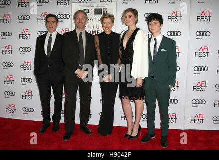 Hollywood, Stati Uniti d'America. Xvi Nov, 2016. Billy Crudup, Mike Mills, Annette Bening, Greta Gerwig, Lucas Jade Zumann, a AFI FEST 2016 presentato da Audi - Un omaggio a Annette Bening e Gala per lo screening di un24's "xx secolo le donne" presso la leva TCL Chinese Theatre, Califo Foto Stock