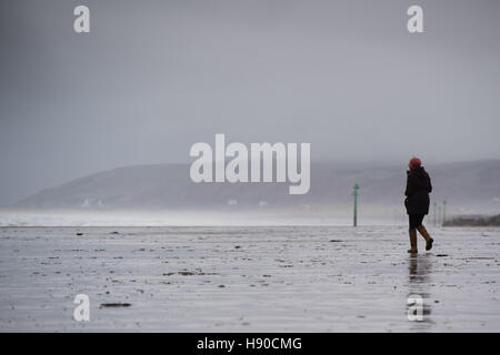 Borth, Cardigan Bay, Ceredigion , Wales UK. Martedì 10 Gennaio 2017 UK Meteo: una donna di camminare sulla spiaggia a Borth sulla West Wales coast su un blustery nuvoloso giorno. Previsioni del tempo per le prossime 25 ore è per sempre più forti venti in gran parte ovest del Regno Unito e per la neve per arrivare dal weekend Credito: keith morris/Alamy Live News Foto Stock