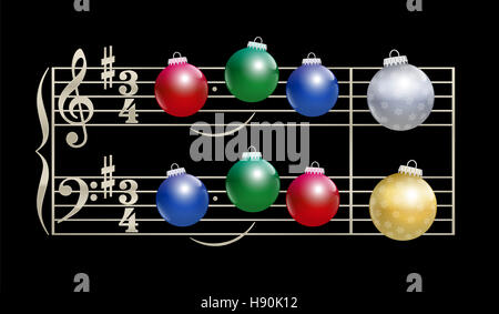 Baubles colorati invece di note - notazione musicale su sfondo nero. Foto Stock