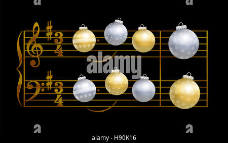 Baubles giocando canto di Natale Silent Night - notazione musicale su sfondo nero. Foto Stock