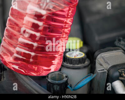 Il liquido di raffreddamento del motore e un'auto il cofano aperto, la profondità di campo di una shot filtrato Foto Stock