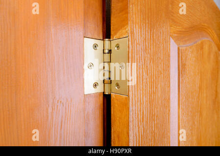 Dettaglio di una cerniera della porta fissato su una porta di legno Foto Stock