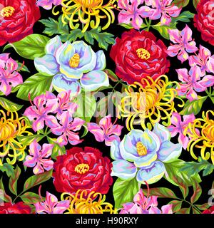 Modello senza soluzione di continuità con la Cina fiori. Gemme luminose di magnolia, peonia, rododendri e crisantemo Illustrazione Vettoriale