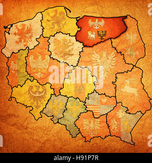 Warmian masurian regione sulla mappa di amministrazione della Polonia con bandiera di altre province polacche Foto Stock