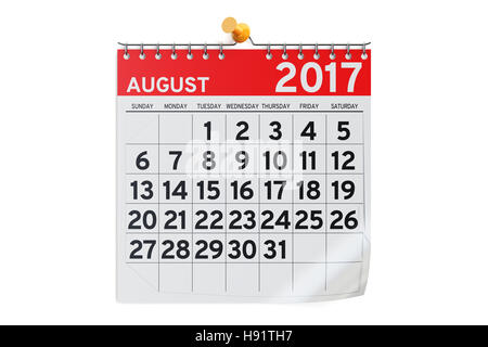 Agosto 2017 Calendario, 3D rendering isolati su sfondo bianco Foto Stock