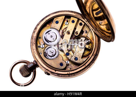 Close up di orologio da tasca movimento. Su sfondo bianco. Foto Stock