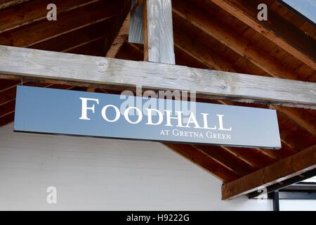 Gretna Green FoodHall segno, Dumfries and Galloway, Scotland, Regno Unito Foto Stock