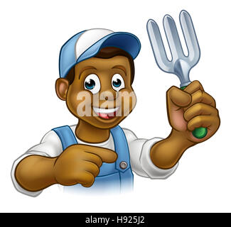 Un cartoon giardiniere nero tenendo un utensile da giardinaggio e puntamento Foto Stock