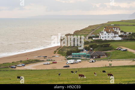 Burton Bradstock beach e Hive Cafe, Dorset, England, Regno Unito Foto Stock