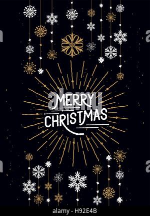 Buon Natale decorazioni. Appendere i fiocchi di neve e buon Natale segno. Illustrazione Vettoriale. Illustrazione Vettoriale